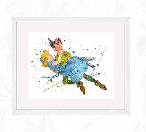 Peter Pan and Wendy Flying Prints, Peter Pan Disney Watercolor, Nursery Wall Poster, Holiday Gift, Kids and Children Artworks, Digital Illustration Art