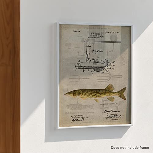 Antique Fishing Lure US Patent Poster Art Print Darkhouse Spearing Northern Pike Bass Walleye Muskie Lures Poles 11x14 Wall Decor Pictures