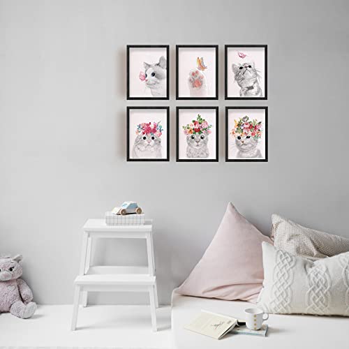 SUPERDANT 6 Pieces Cat Butterfly Unframed Canvas Wall Art Butterfly Bathroom Picture Decor Posters Wearing Flower Butterflies Band Cute Animals Canvas Print Artwork Wall Decor for Kids Bedroom