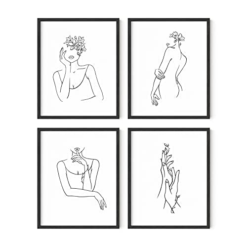 HAUS AND HUES Minimalist Line Art - Set of 4 Minimalist Print Wall Decor, Minimalist Wall Art Big Female Poster, Line Drawing Wall Art Women Body, Aesthetic Drawings, Sketch Poster (8"x10", UNFRAMED)