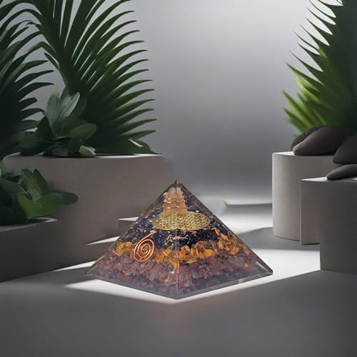 Orgonite Crystal Triple Protection Orgone Pyramid with Black Tourmaline, Tiger Eye and Hematite Crystals – Flower of Life Pyramid Dispels Negative Energy to Promote Luck and Prosperity