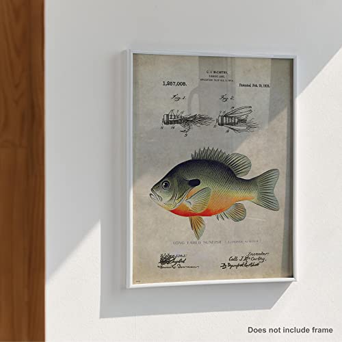 Antique Fly Fishing Lure US Patent Poster Art Print Bluegill Largemouth Bass Walleye Muskie Lures Poles 11x14 Wall Decor Pictures