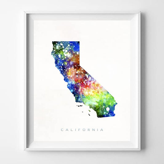 California Watercolor Map Wall Art Poster Home Decor Print Watercolour Artwork - Unframed