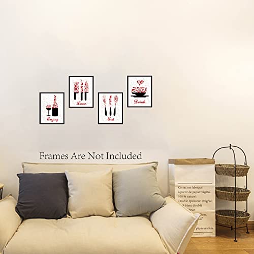 CREATCABIN Kitchen Kitchenware Red Canvas Art Prints Posters Wall Art Decorations Enjoy Love Eat Drink Set of 4 for Kitchen Restaurant Cafe Bar House Decor Unframed 8 x 10inch