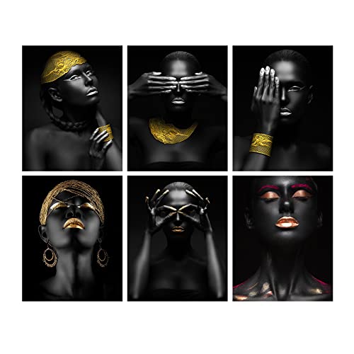 JinMing Decor Gold African American Wall Art - Unframed Black Woman Card Paper Prints Posters Decorations Golden Lips Lady Pictures Pretty Afric Girl Paintings Artwork 8x10 Inches For Indoor D飯r