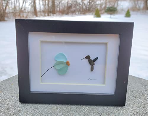 Seaglass Hummingbird handmade art. Mini desk art. Perfect gift. Small black frame protected with glass. Handmade in Maine, unique gift Nature tumbled Sea glass and hand selected pebbles.