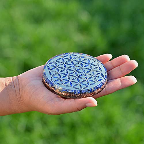 Orgonite Crystal Water Charging Plate with Lapis Lazuli Healing Crystals and Flower of Life –Chakra Healing Orgone Water Plate for Spiritual Protection and Cleansing (90mm)