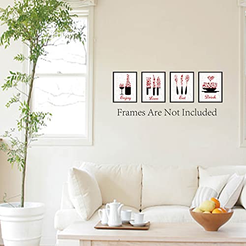 CREATCABIN Kitchen Kitchenware Red Canvas Art Prints Posters Wall Art Decorations Enjoy Love Eat Drink Set of 4 for Kitchen Restaurant Cafe Bar House Decor Unframed 8 x 10inch