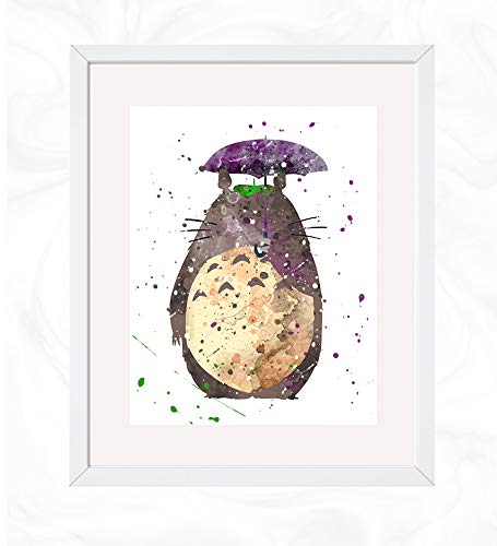 Totoro with Umbrella Prints, Anime Watercolor, Nursery Wall Poster, Holiday Gift, Kids and Children Artworks, Digital Illustration Art