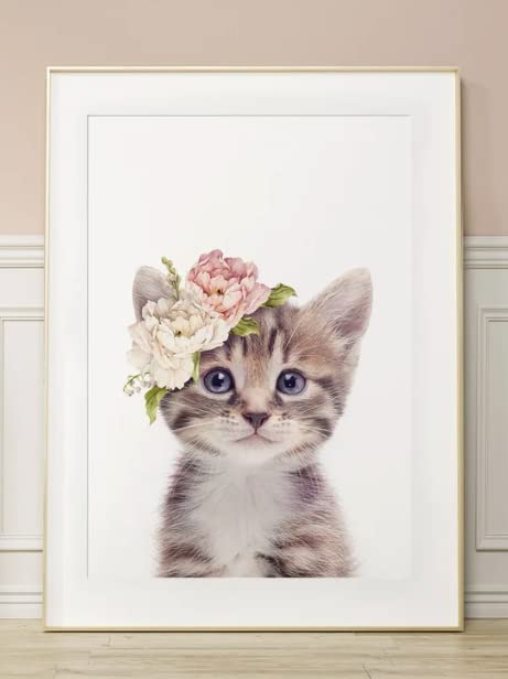 ShopHaven Kitten Nursery Wall Art ~ Baby Cat Print ~ Girls Bedroom Decor ~ Kitten with Floral Crown - Baby Animal Wall Art - 11x14 Poster Print - Unframed