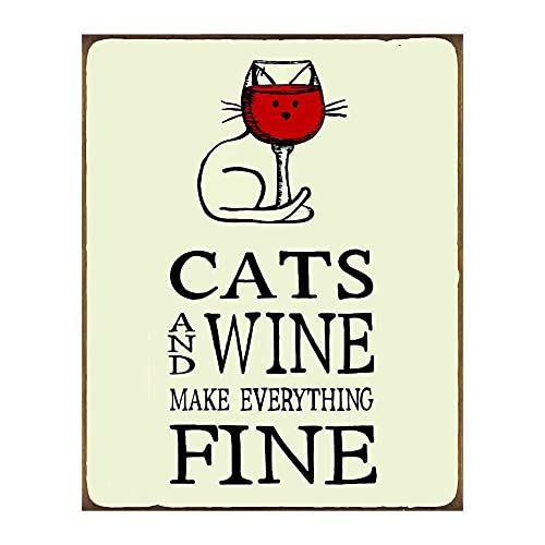 Cats and Wine Everything Fine - Funny Wall Art Sign - Humorous Cat & Wine Glass Themed Poster Print - Ideal Home, Office & Kitchen Decor Wall Print - Fun Gift for Cats & Wine Lovers - Unframed - 8X10