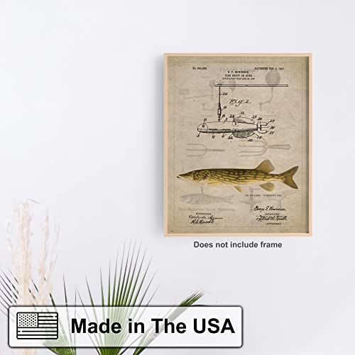 Antique Fishing Lure US Patent Poster Art Print Darkhouse Spearing Northern Pike Bass Walleye Muskie Lures Poles 11x14 Wall Decor Pictures