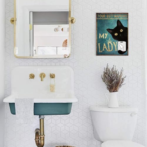 Funny Bathroom Canvas Wall Art: Black Cat Picture Print Toilet Decor, Your Napkins My Lady Teal Poster Framed Animal Artwork Restroom Decoration for Home 8" x 12"