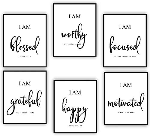 Inspirational Wall Art,Motivational Wall Art,Office & Bedroom Wall Decor,Positive Quotes & Sayings,Daily Affirmations for Men, Women & Kids,Black & White Poster Prints (8X10, Set of 6, No Frame)