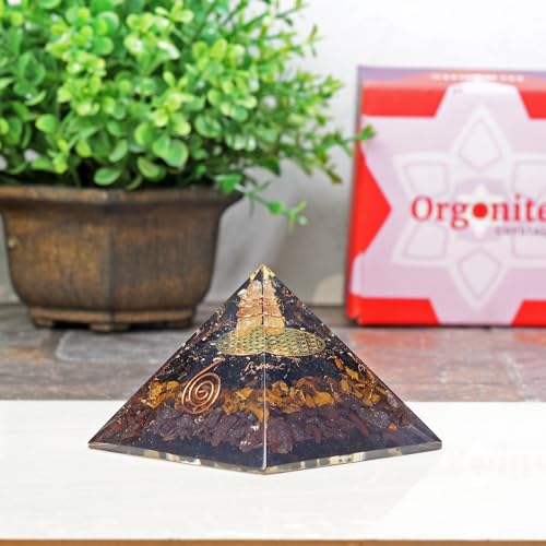 Orgonite Crystal Triple Protection Orgone Pyramid with Black Tourmaline, Tiger Eye and Hematite Crystals – Flower of Life Pyramid Dispels Negative Energy to Promote Luck and Prosperity