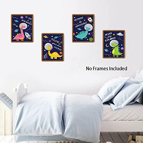 ZXjoys Dinosaur Outer Space Art Print, Wall Posters, Set Of 4 (8X10inch,Unframed) Watercolor Words Prints Planet Rocket UFO Painting for Nursery Kids Bedroom Classroom Decor