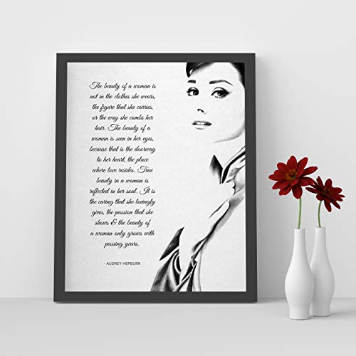 The Beauty of a Woman-Audrey Hepburn Inspirational Quotes Wall Art. Motivational Typographic Poster with Silhouette Image Ideal For Home Decor, Office Decor & Salon Decor, Unframed-8x10"