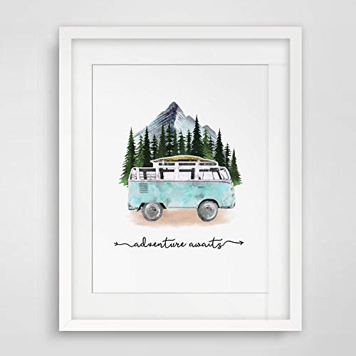 Adventure Awaits Art Print Travel Poster Mountain Wall Decor Blue Tour Bus Painting Wanderlust Gift for Traveler 8x10 inch No Frame