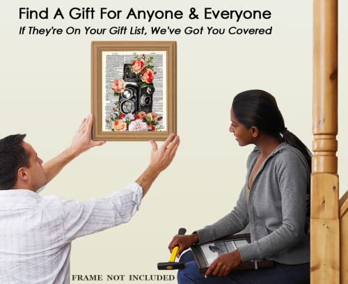 Vintage Film Camera and Flowers Dictionary Wall Art Print: 8x10 Unframed Poster For Home, Office, Dorm & Bedroom Decor - Great Gift Idea Under $15 for Photography & Film Enthusiasts