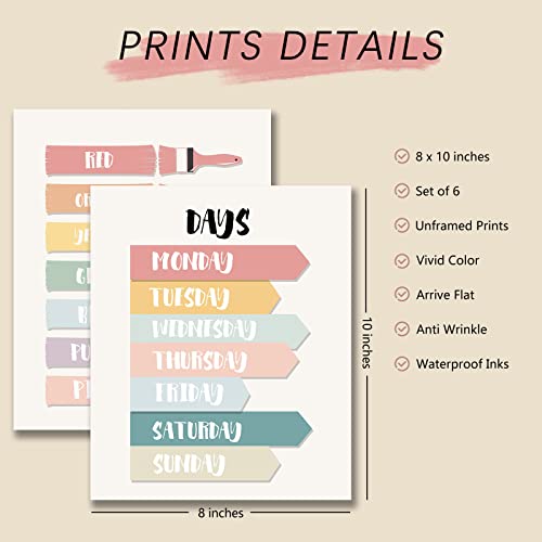 ARPEOTCY Rainbow Kids Playroom Wall Decor, Nursery Boho Wall Art Posters, Educational Wall Art Prints for Kids Room Wall Decor, Set of 6, 8x10in, Unframed
