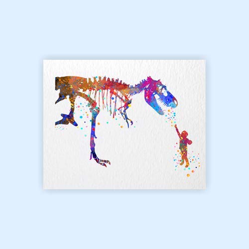 Dignovel Studios 8X10 Unframed Boy and T-Rex Dinosaur Brave Curious Peace Tyrannosaurus Rex Friendship Animal Watercolor Art Print Poster Wall Art Nursery Kids Office Home Decor DN578