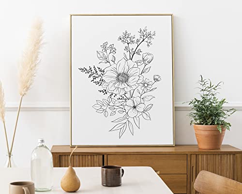 Black and White Flower Poster, Botanical Wall Art Prints UNFRAMED, Aesthetic Poster for Bedroom, Flower Drawing Living Room Posters, Boho Wall Decor