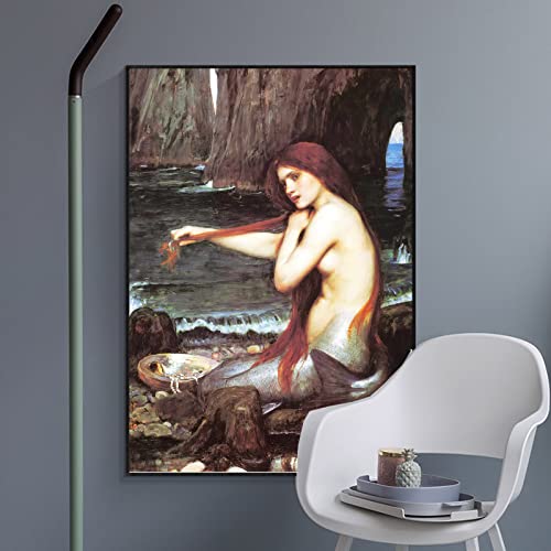 ZZPT John William Waterhouse Prints - Mermaid Canvas Wall Art - Oil Painting Poster Cool Wall Decor for Girls Room Bedroom Home Decor Unframed (12x18in/30x45cm)