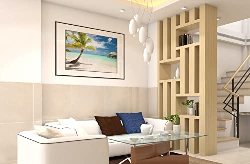 Palm Tree Poster Wall Art Huts on Tropical Beach Photo Photograph Sunset Landscape Pictures Ocean Scenic Scenery Nature Photography Paradise Scenes Home Gift Cool Wall Decor Art Print Poster 18x12