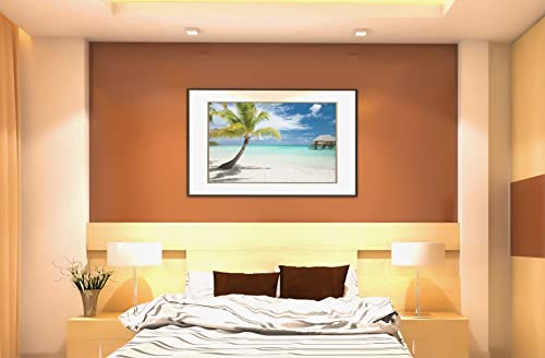 Palm Tree Poster Wall Art Huts on Tropical Beach Photo Photograph Sunset Landscape Pictures Ocean Scenic Scenery Nature Photography Paradise Scenes Home Gift Cool Wall Decor Art Print Poster 18x12