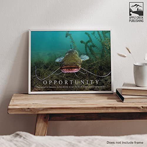Apple Creek Fishing Opportunity Motivational Poster Art Print Blue Flathead Channel Catfish Largemouth Bass Walleye Muskie Lures Poles 11x14 Wall Decor Pictures