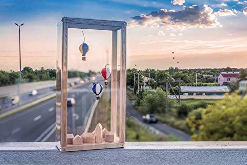 Hot air balloon city. Artwork Sculpture in a box. Handcraft Decor Desk Standing Wooden 3D Picture