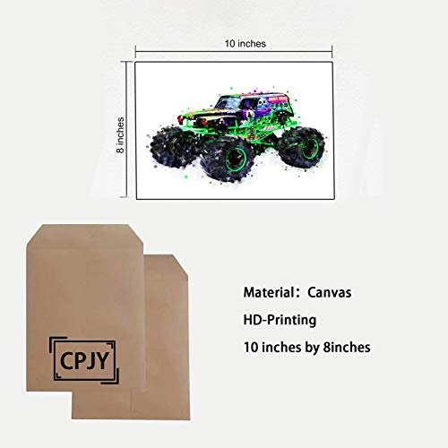 CPJY Cartoons Monster Truck Theme Wall Art Prints Set of 4 (8 inchesX10 inches Canvas Picture) Children Boys Birthday Gift Game Room Decor Art Painting Kids Nursery Wall Poster Home Decor Unframed