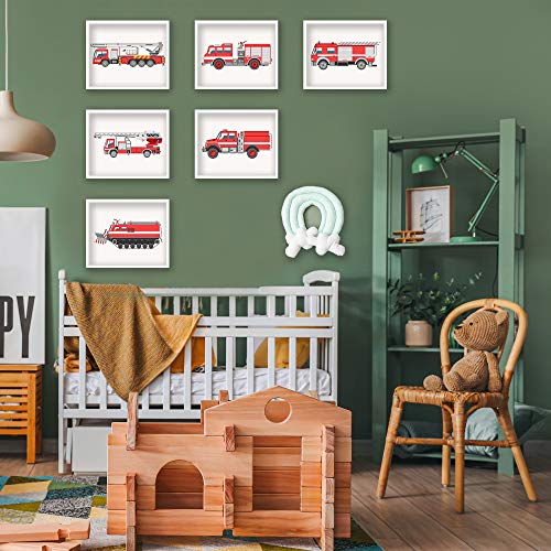 Fancymall 8x10in Nursery Fire Truck UNFRAMED Wall Art Decor Set of 6 Prints Boy Girl Kids Firetruck Prints Fire Engine Transportation Wall Art Posters for Boy Toddler Bedroom Ambulance Rescue