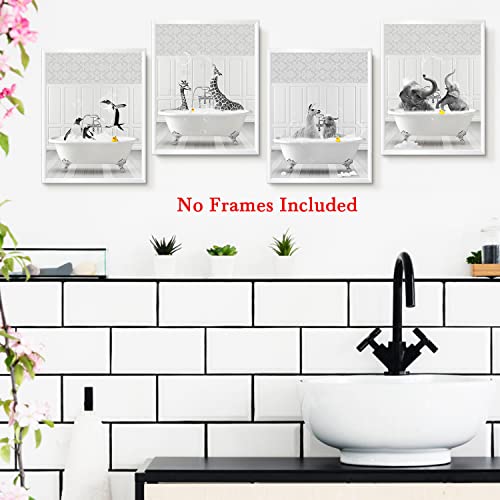 Funny Bathroom Decor Wall Art Black and White Animals Photo Pictures Happy Alpacas Giraffes Penguins Elephants in Bathtub Posters Prints for Wall Decor Kids Bathroom Decor Unframed Set of 4, 8x10inch