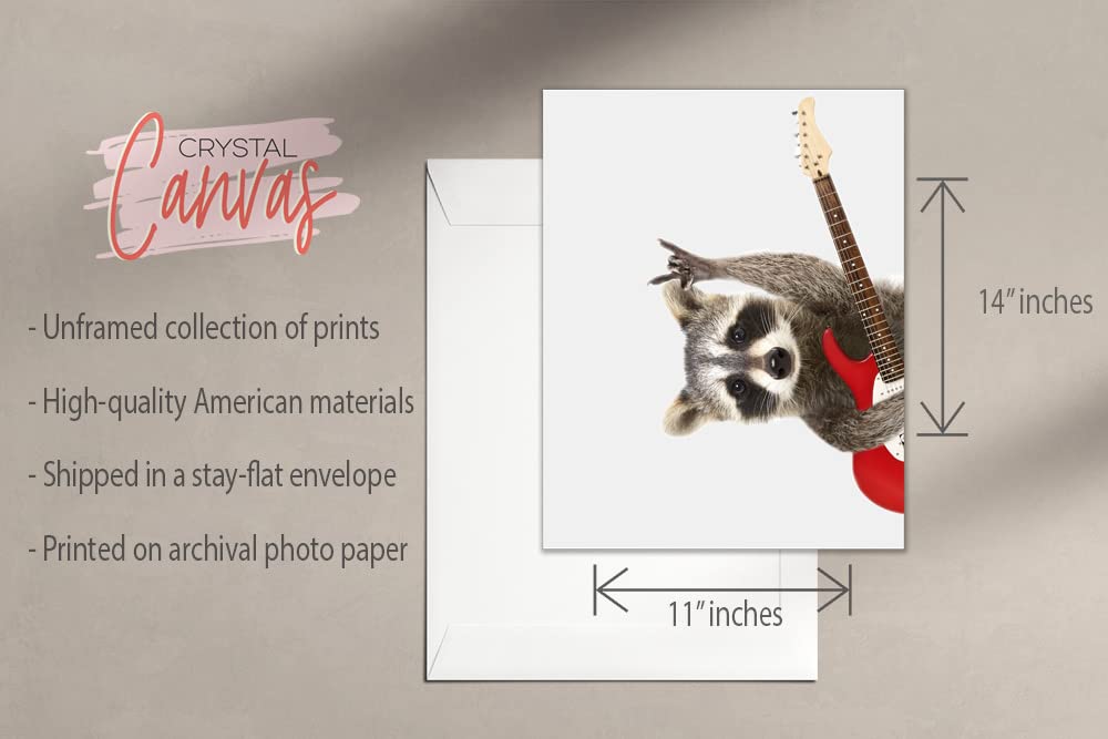 Rocker Raccoon Poster Prints - Set of 2 (11x14) Glossy Cute Red Funny Guitar Music Animal Photography Wall Art Decor