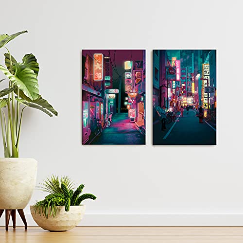 Japan Art Poster Set of 2 - Japanese Print Artwork on Canvas Roll - Tokyo Anime Wall Art Picture Gift - Preppy Night City Wall Decor Poster for Room Aesthetic Bedroom Kitchen Living UNFRAMED 11x14