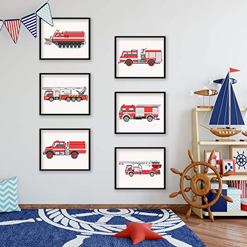 Fancymall 8x10in Nursery Fire Truck UNFRAMED Wall Art Decor Set of 6 Prints Boy Girl Kids Firetruck Prints Fire Engine Transportation Wall Art Posters for Boy Toddler Bedroom Ambulance Rescue