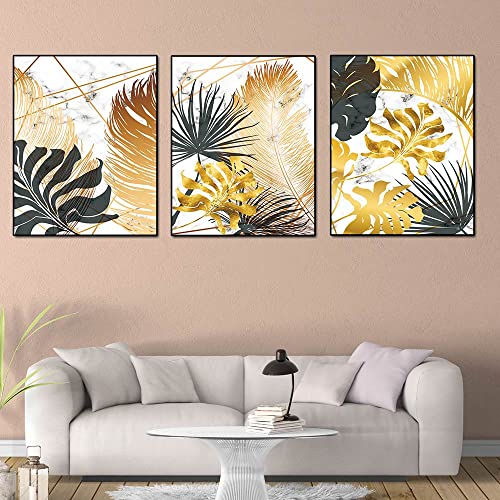 Black and Gold Leaf Canvas Print Wall Art,Unframe Tropical Monstera Palm Leaves Poster Wall Décor ,Modern Art Plants Leaf Picture Oil Painting Wall Mural for Living Room Bedroom Office-16"x20"x3