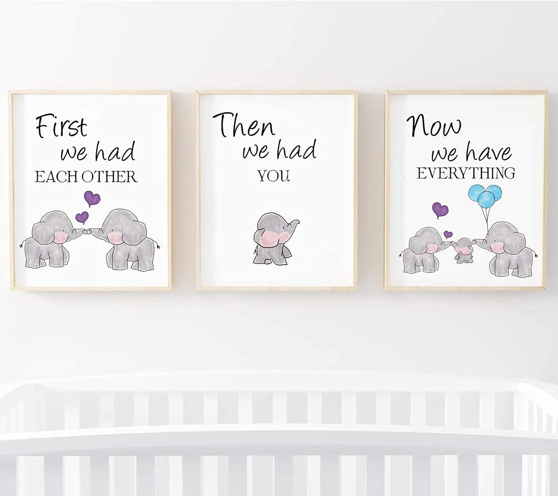 KAIRNE Cute Baby Elephant Watercolor Art Print, Set of 3 Balloon Elephant Family Love Quote Wall Art Poster, Living Room Bedroom Home Decor Nursery Art Canvas,Unframed 8x10 Inch