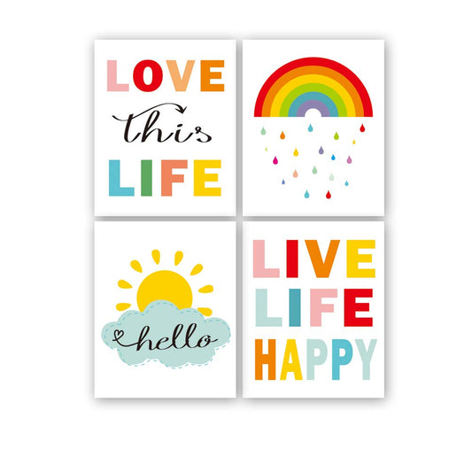 KAIRNE Colorful Rainbow And Sunshine Quotes Art Print,Set Of 4(8 "x10) Inspirational Canvas Poster Painting,Weather Nursery Wall Art For Classroom Or Kid Room Home Decor,No Frame