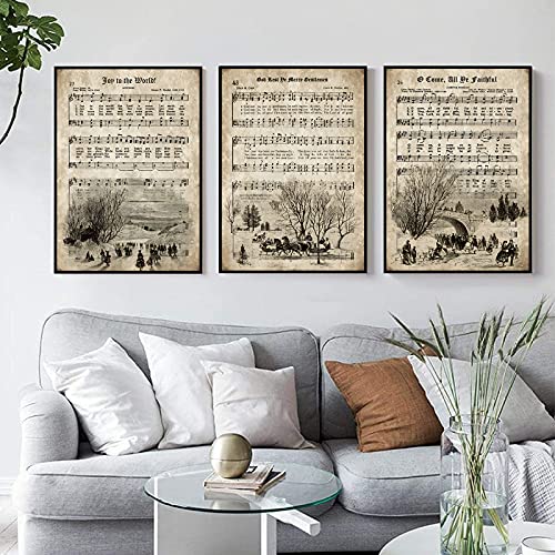 VLOLIFE Vintage Christmas Carols Wall Art Posters and Prints Sheet Music Hymn Aged Antique Canvas Art Painting Home Decor Picture Unframed, 16X24inchX3 Unframed