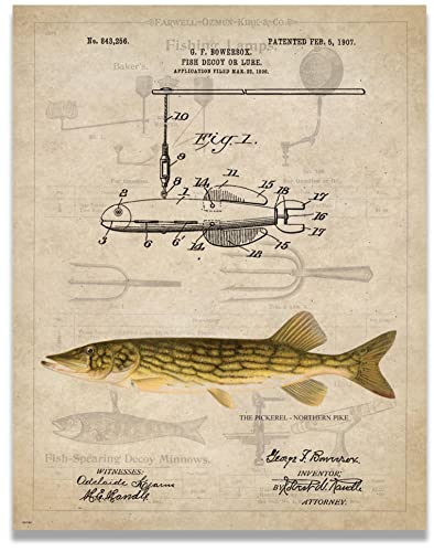 Antique Fishing Lure US Patent Poster Art Print Darkhouse Spearing Northern Pike Bass Walleye Muskie Lures Poles 11x14 Wall Decor Pictures