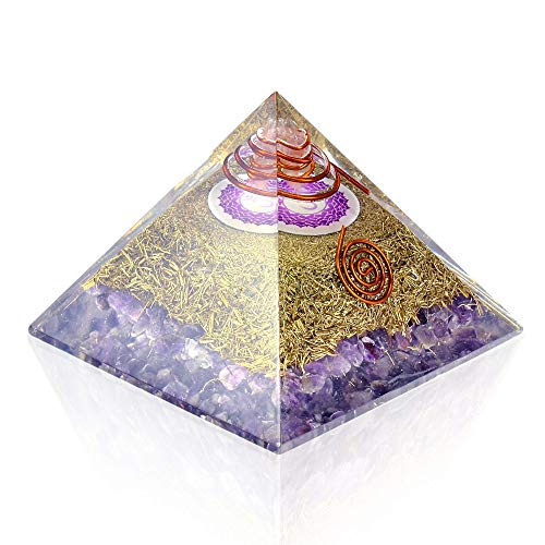 Orgone Pyramid Energy Generator - Crown Chakra Symbol Orgonite Amethyst Crystal Pyramid with Brass Metal for E-Energy Protection - Chakra Balancing-Healing-Meditation-Yoga