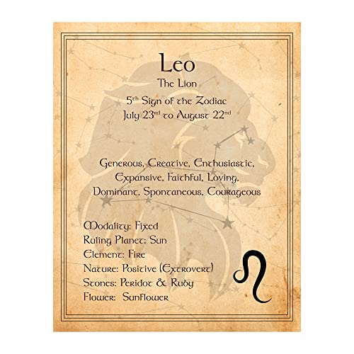 Leo - The Lion - Zodiac Sign Spiritual Wall Art Print. Inspirational Constellation Wall Art. Horoscope's Primary Elements. Ideal For Home Decor, Office Decor & Bedroom Decor. Unframed - 8x10"