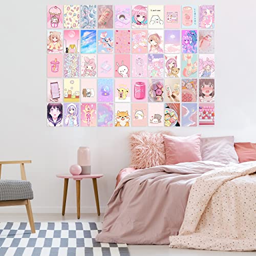 L1rabe 50Pcs Kawai Anime Aesthetic Picture Wall Collage Kit Pink Cartoon Assembled Print Card Set, School Dorm Photo Poster Display Trendy Style, Sweet Girls Room Decor Cute Collage Kit New Year Gifts