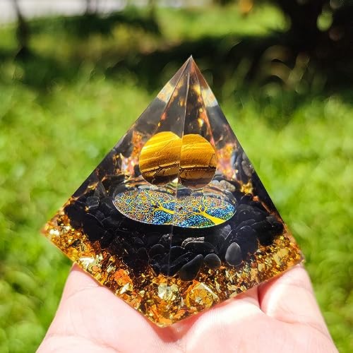 Orgone Pyramid for Positive Energy, Olivenorma Tiger Eye Sphere & Obsidian Protection Healing Crystal Gemstone Pyramid for Yoga Reiki Meditaion Blanacing Chakra