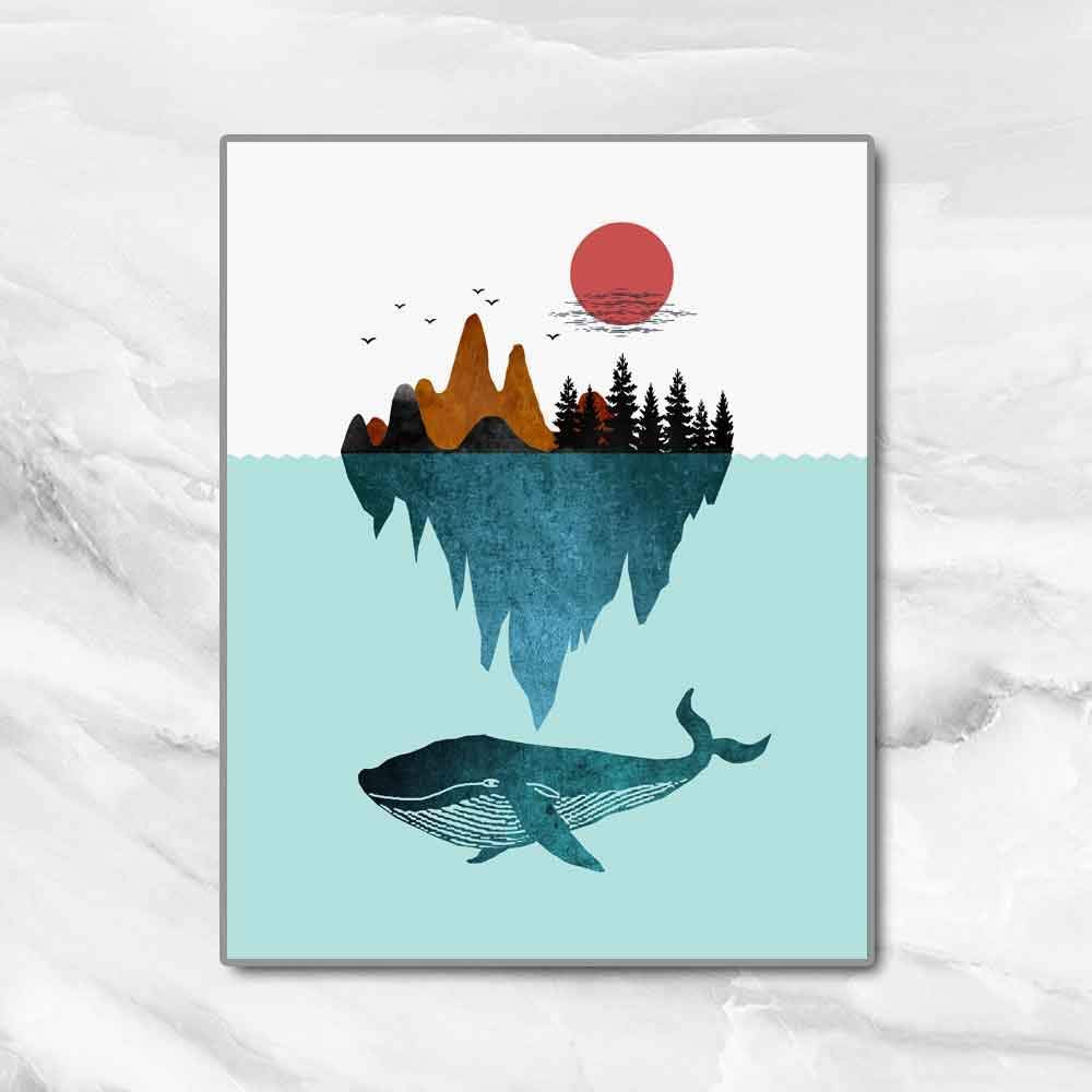 Abstract Nature Inspiration Ocean Art Print Sea Blue Whale Mountain Sun Watercolor Whale Wall Art Forest Decor Poster Unique Gift 8X10 IN Unframed