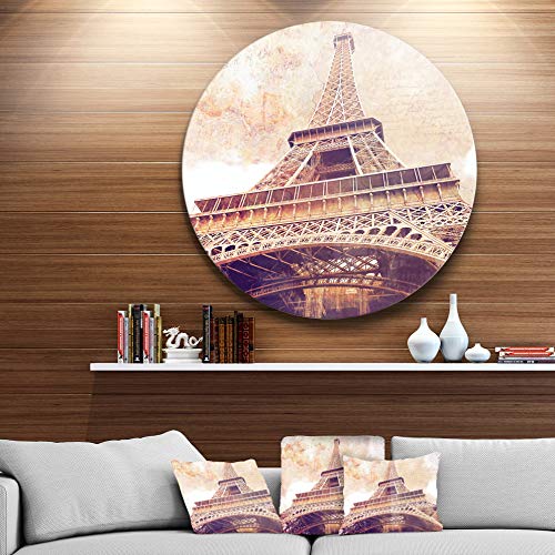 Designart Eiffel Tower Paris Postcard Design Cityscape Round Metal Wall Art Disc of 11 inch, 11'' H x 11'' W x 1'' D 1P