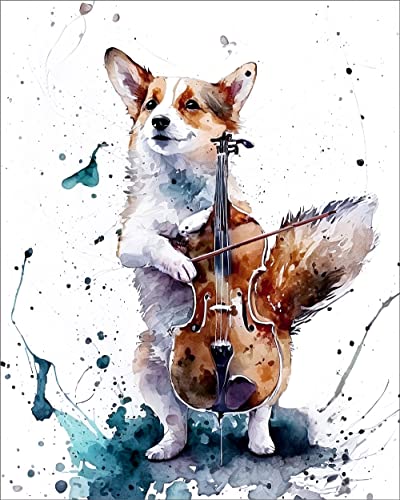 7Dots Art. Funny Dogs with Musical Instruments Watercolor Series. Watercolor Art Print, Poster 8"x10" on Fine Art Thick Watercolor (Aquarelle) Paper. Unframed. (Corgi Cello)