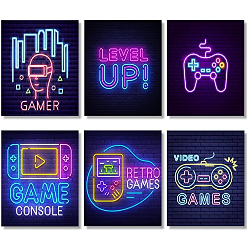 Spakon 6 Pieces Video Game Art Print Colorful Gaming Themed Canvas Wall Art Neon Gaming Posters 8x10 Inch Video Game Wall Art Gaming Artwork for Kids Boy Wall Decor Teens Bedroom Game Room Decor